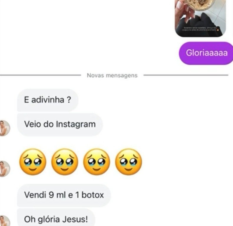 Print de conversa: cliente relata venda de 9ml e 1 botox vinda do Instagram