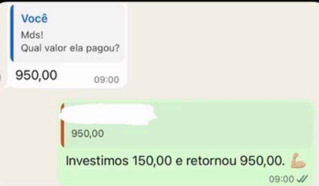 Print de conversa: retorno de campanha, investimento de 150 reais com retorno de 950 reais